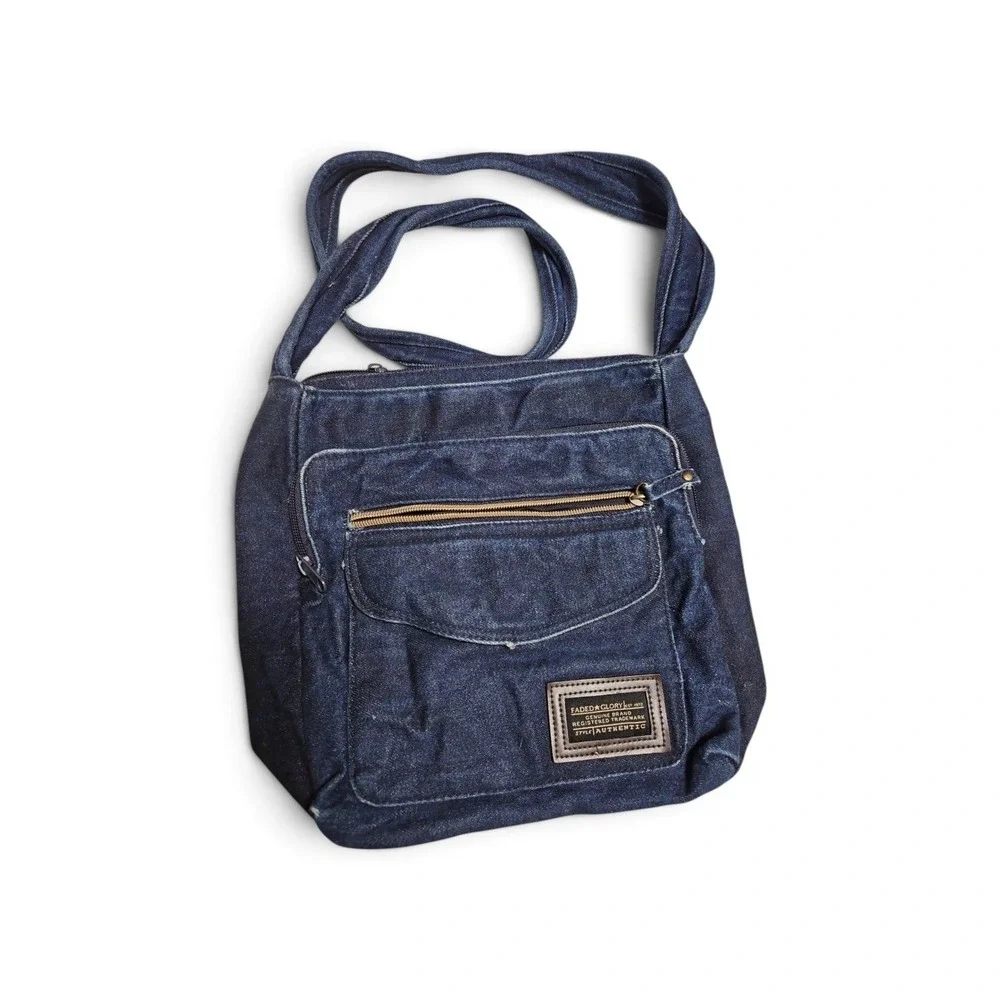 Faded Glory Denim Crossbody Bag Dark Wash Indigo Shoulder Purse Multi Pocket